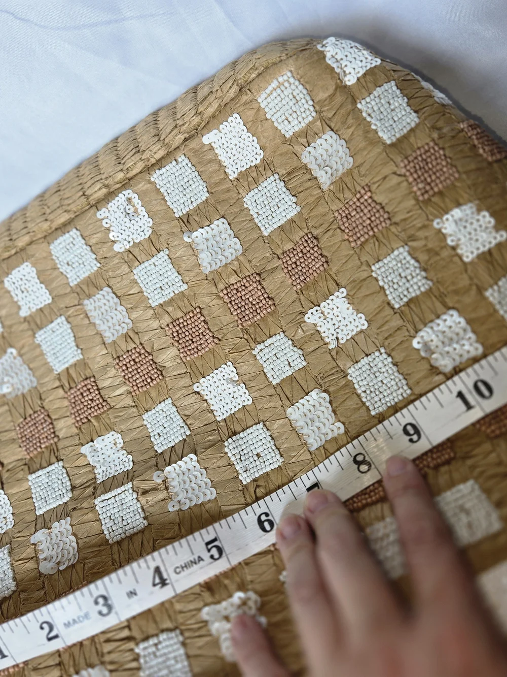 Handwoven Sequin Check Tote in White & Tan